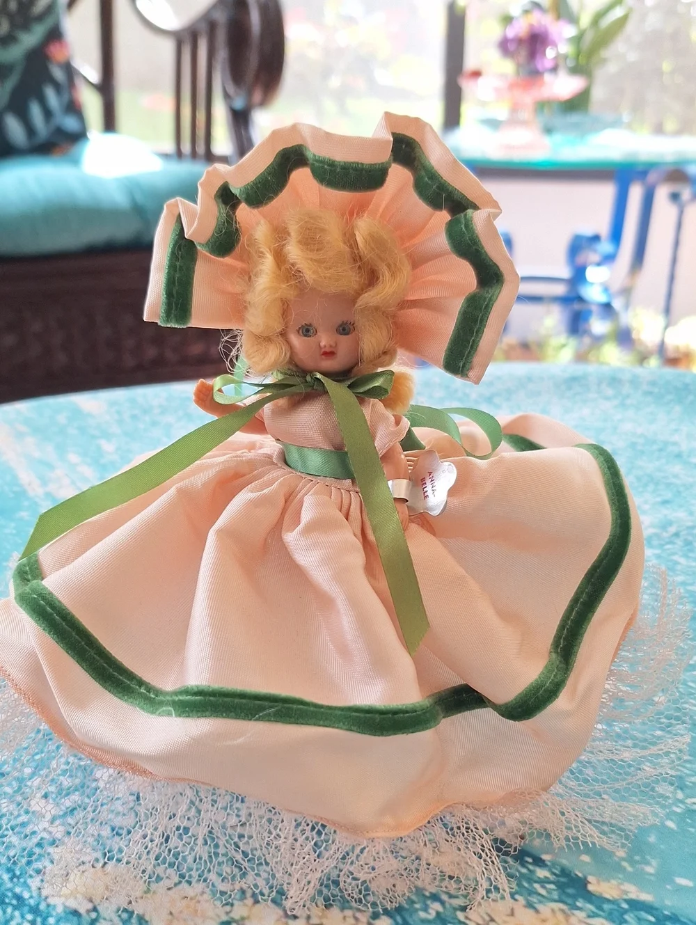 1940s Peach & Green Vintage Hollywood Doll with Bonnet
